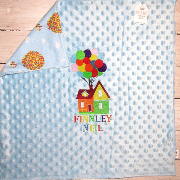 Abenteuer Minky und Flanell Lovey, Ballonhaus personalisierte Minidecke, Baby-/Kleinkind-Schmusedecke, Beißring & Binky-Halter