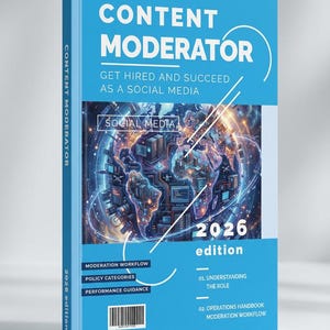 Może przedstawiać: Książka zatytułowana "Content Moderator" z niebieską okładką. Okładka zawiera tytuł dużymi białymi literami, a także tekst "Get Hired and Succeed as a Social Media". Książka jest wydaniem z 2026 roku.