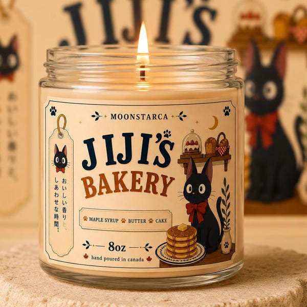 Vela de Jiji’s Bakery inspirada en el gato de Ghibli / Vela de soja Cozy Bakery / Aroma a pastel de mantequilla con sirope de arce / Decoración de gato brujo adorable / Moonstarca