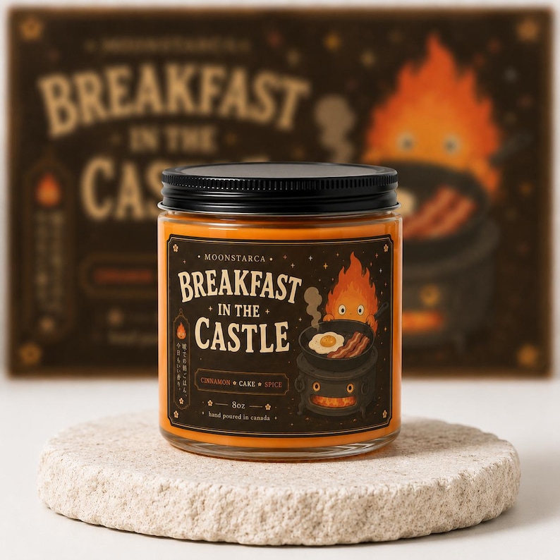 Breakfast in the Castle soy candle with calcifer breakfast artwork