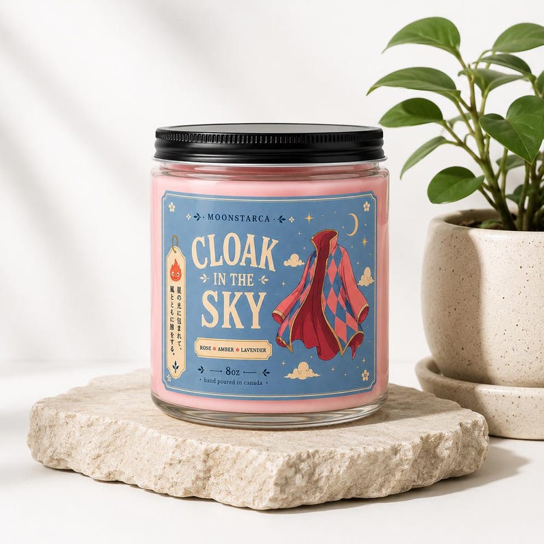 Cloak in the Sky candle in clear glass jar with cozy anime inspired label