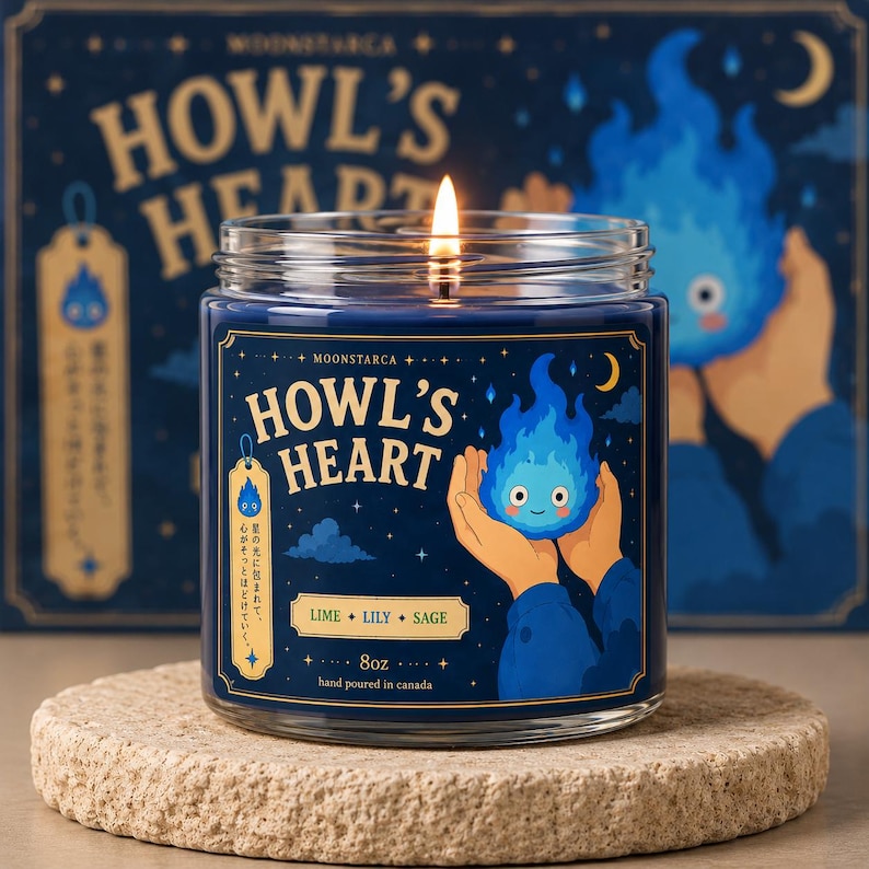 Howl’s Moving Castle inspired candle with Calcifer flame art, anime soy candle gift by MOONSTARCA
