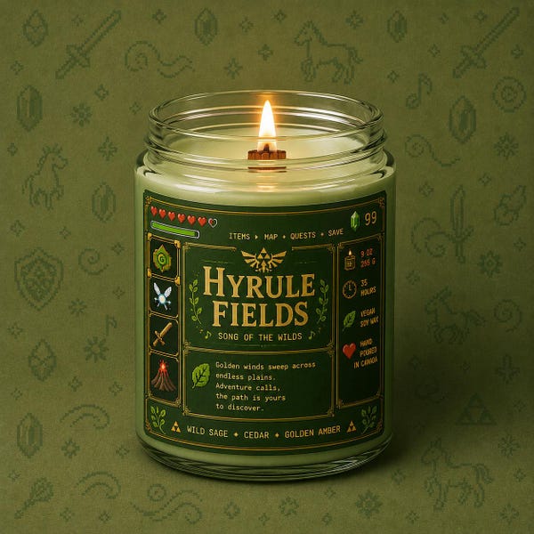 Hyrule Fields Candle Inspired by Zelda Adventure Games | Wild Sage Cedar Golden Amber | Legend of Zelda game | Hand poured in Canada