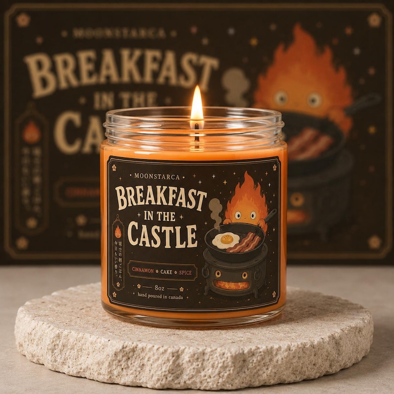 Breakfast in the Castle soy candle with calcifer breakfast artwork