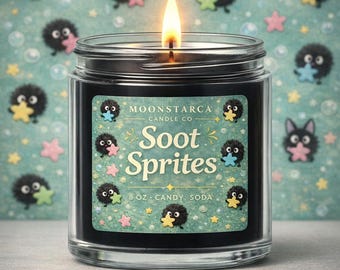 Soot Candle 8oz | Anime Inspired Candle | Ghibli Inspired Gift | Cute Kawaii Candle | Candy Soda Scent | Black Wax Wood Wick