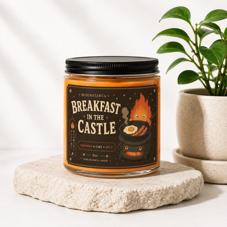 Breakfast in the Castle soy candle with calcifer breakfast artwork