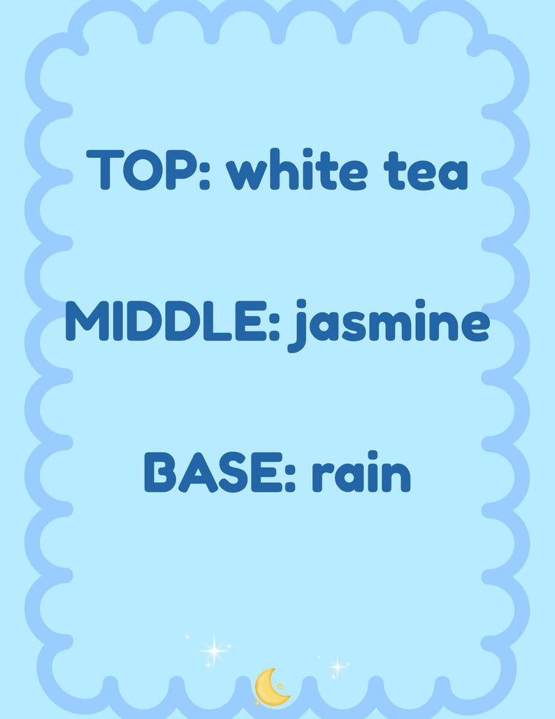 May include: A light blue graphic with the text "TOP: white tea", "MIDDLE: jasmine", and "BASE: rain". The text is in a bold, dark blue font. The background is a light blue with a scalloped border and a crescent moon and stars at the bottom.