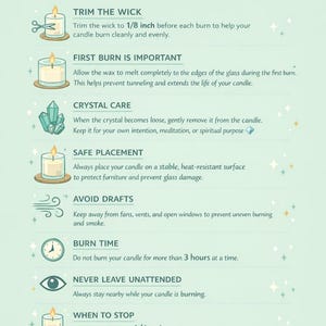 May include: A teal-colored graphic with candle care instructions. Text includes "Trim the wick," "First burn is important," "Crystal care," "Safe placement," "Avoid drafts," "Burn time," "Never leave unattended," and "When to stop." Made in Canada.
