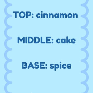 May include: A light blue card with a scalloped border. The text reads "TOP: cinnamon", "MIDDLE: cake", and "BASE: spice" in dark blue. A crescent moon and stars are at the bottom.