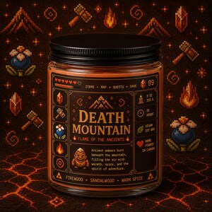 Death Mountain Candle Inspired by Zelda Adventure Games | Firewood Sandalwood Warm Spice | Legend of Zelda Soy Candle | Hand poured image 3