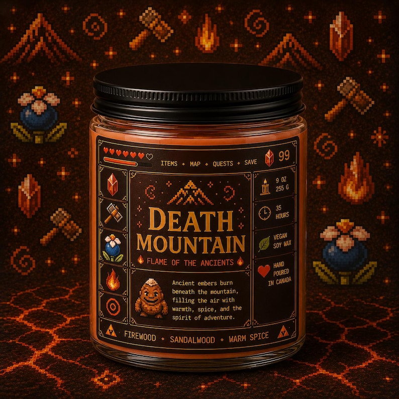 Death Mountain Candle Inspired by Zelda Adventure Games | Firewood Sandalwood Warm Spice | Legend of Zelda Soy Candle | Hand poured image 3