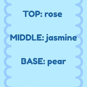 May include: A light blue card with a scalloped border. The text reads "TOP: rose", "MIDDLE: jasmine", and "BASE: pear" in dark blue. A crescent moon and stars are at the bottom.