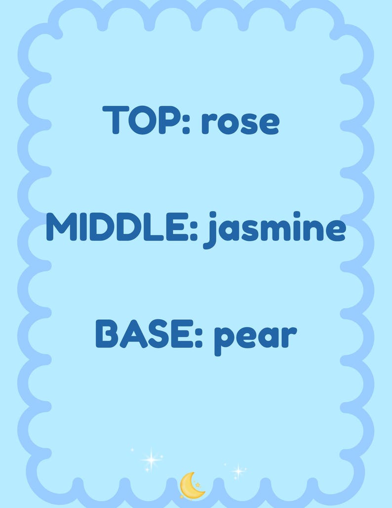 May include: A light blue card with a scalloped border. The text reads "TOP: rose", "MIDDLE: jasmine", and "BASE: pear" in dark blue. A crescent moon and stars are at the bottom.