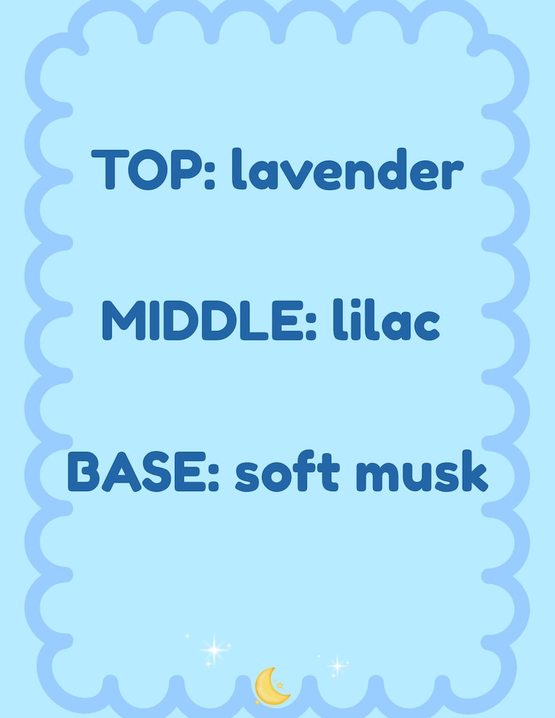 Puede incluir: Gr&aacute;fico azul claro con el texto "TOP: lavender", "MIDDLE: lilac" y "BASE: soft musk". El gr&aacute;fico tiene un borde festoneado y una peque&ntilde;a luna creciente y estrellas en la parte inferior.