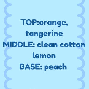 May include: A light blue card with a scalloped edge, displaying fragrance notes. The top notes are orange and tangerine, the middle notes are clean cotton and lemon, and the base note is peach.