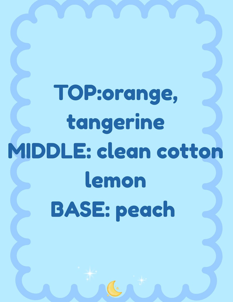 May include: A light blue card with a scalloped edge, displaying fragrance notes. The top notes are orange and tangerine, the middle notes are clean cotton and lemon, and the base note is peach.