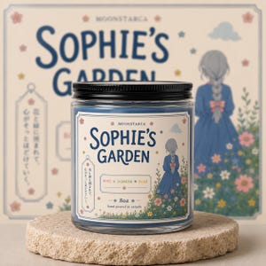 Sophie’s Garden soy candle with floral anime inspired label and blue wax