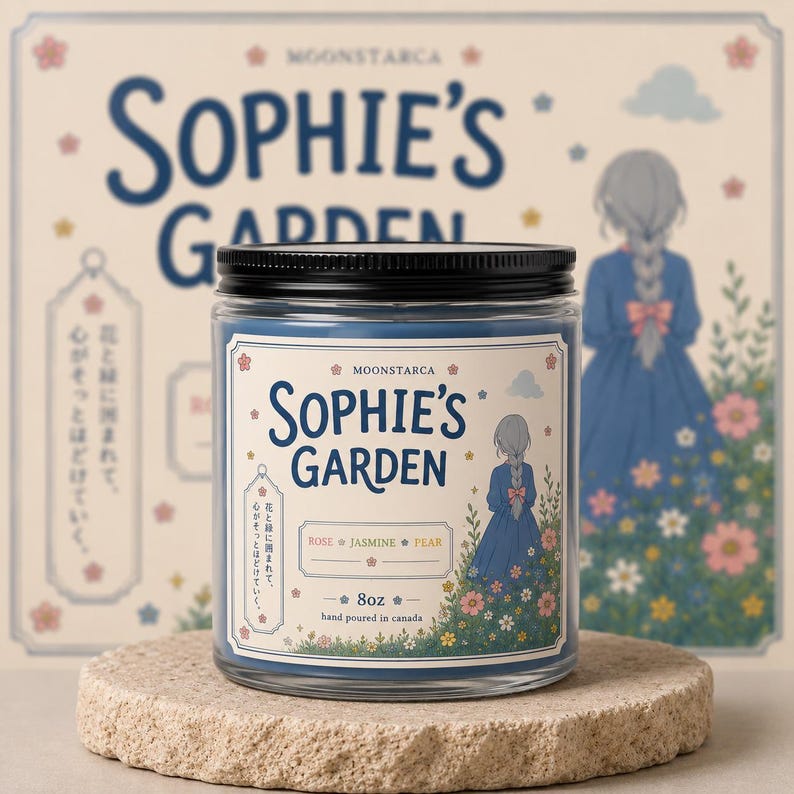Sophie’s Garden soy candle with floral anime inspired label and blue wax