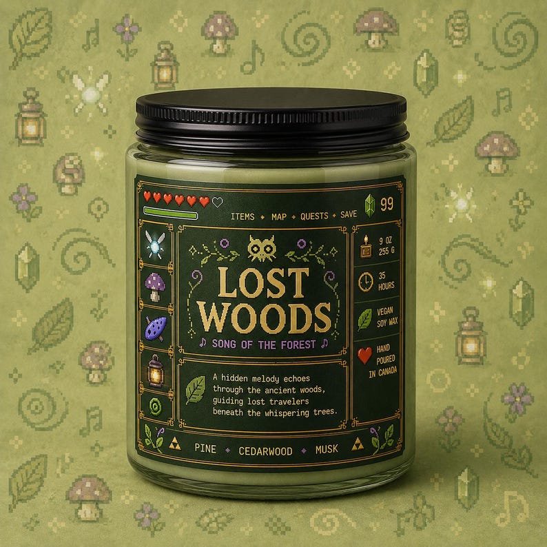Forest green fantasy-inspired candle in a clear glass jar with a retro pixel adventure game style label reading Lost Woods. Features glowing wood wick flame, woodland icons, and cozy forest aesthetic background.