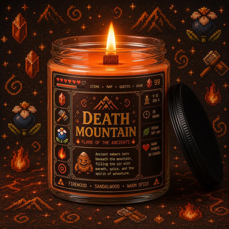 Death Mountain Candle Inspired by Zelda Adventure Games | Firewood Sandalwood Warm Spice | Legend of Zelda Soy Candle | Hand poured image 1