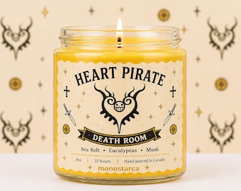 Vela Corazón Pirata, Vela de Soja Minimalista, Eucalipto y Almizcle con Sal Marina, Vela Estética Amarilla, Regalo con Mecha de Madera, Inspirada en el Anime OP