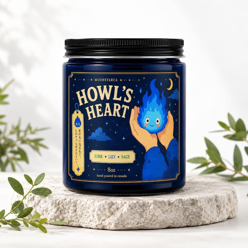 Anime inspired Howl candle featuring magical heart theme and cozy fantasy room aesthetic