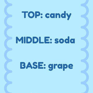 May include: A light blue card with a scalloped border. The text reads "TOP: candy", "MIDDLE: soda", and "BASE: grape" in dark blue. A crescent moon and stars are at the bottom.