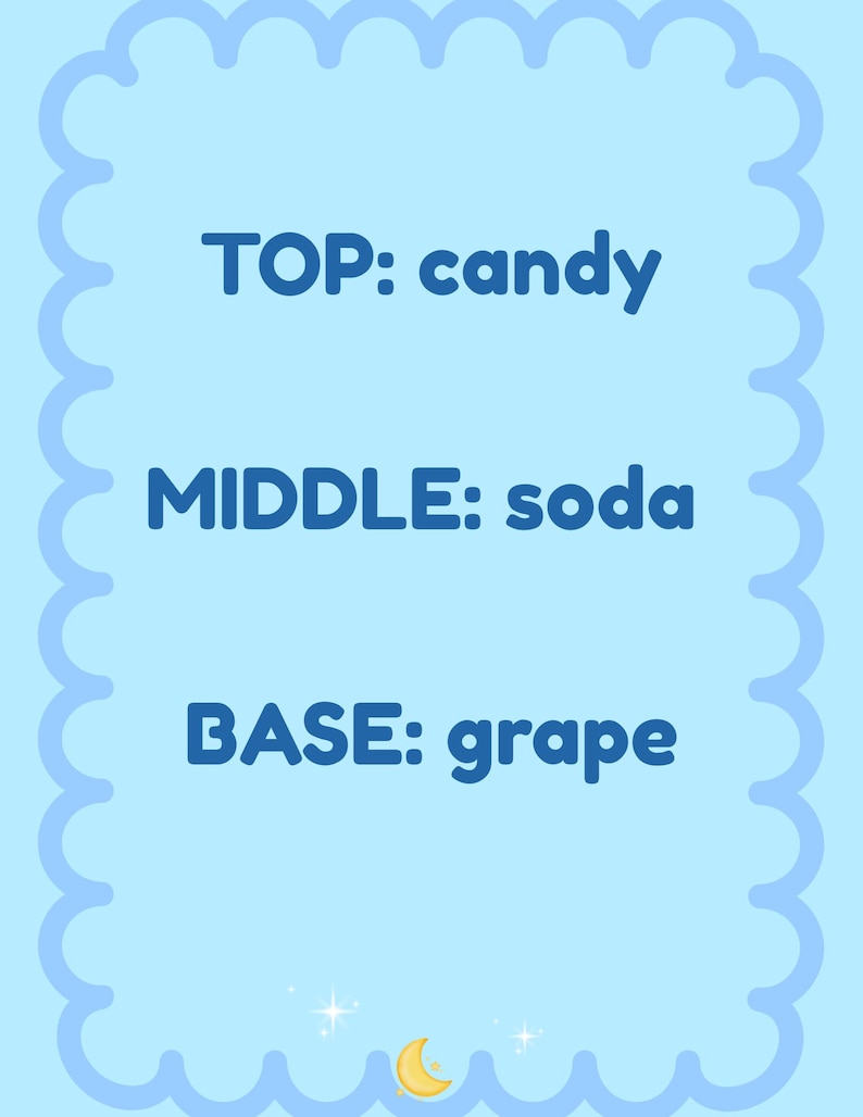 May include: A light blue card with a scalloped border. The text reads "TOP: candy", "MIDDLE: soda", and "BASE: grape" in dark blue. A crescent moon and stars are at the bottom.