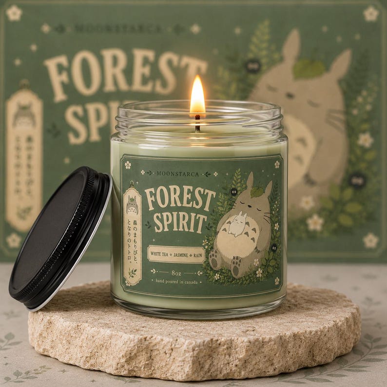Forest Spirit soy candle with green anime inspired woodland label