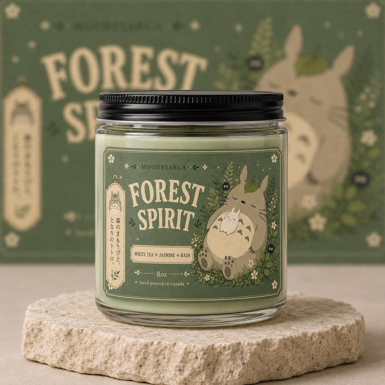totoro candle with forest creature illustration and green wax