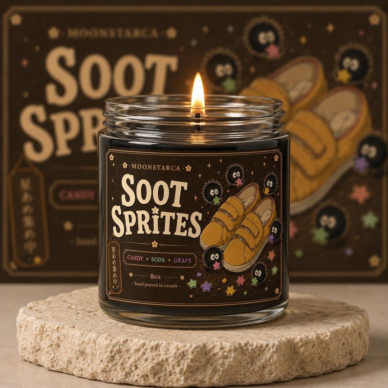 Soot Sprites soy candle with cute black sprite artwork and brown label