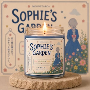 Sophie’s Garden soy candle with floral anime inspired label and blue wax
