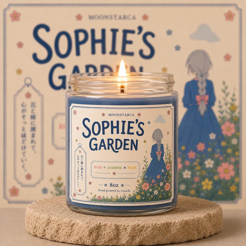 Sophie’s Garden soy candle with floral anime inspired label and blue wax