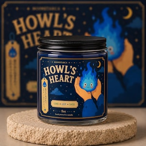 Howl heart candle aesthetic with pastel wizard design, hand poured soy wax candle Canada