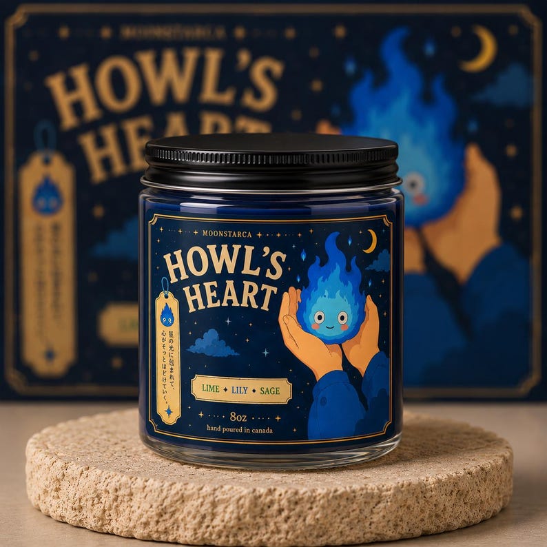 Howl heart candle aesthetic with pastel wizard design, hand poured soy wax candle Canada