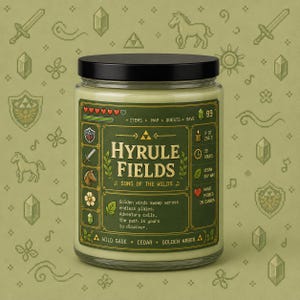 Green fantasy-inspired candle in a clear glass jar with a retro pixel adventure game style label reading Hyrule Fields. Features sage green wax, glowing wood wick flame, black lid beside the candle, and cozy green pixel background.