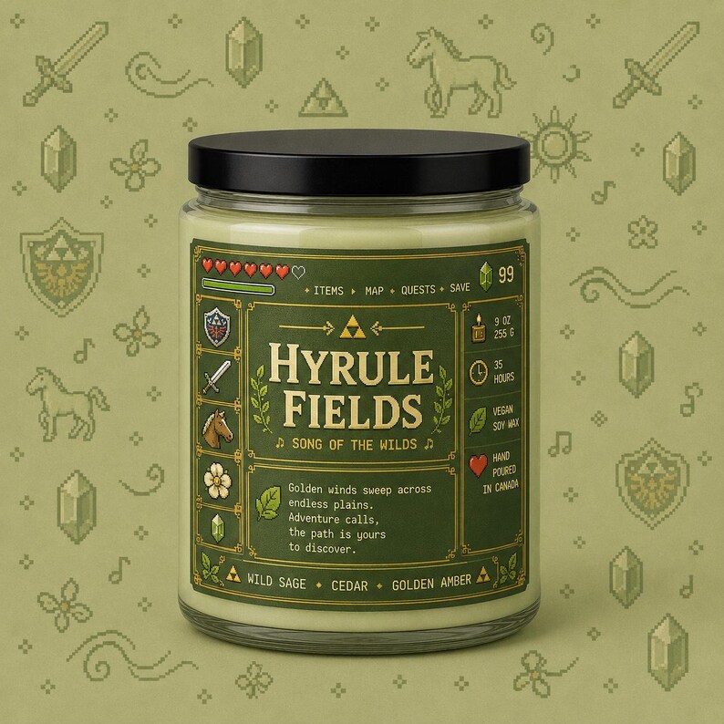 Green fantasy-inspired candle in a clear glass jar with a retro pixel adventure game style label reading Hyrule Fields. Features sage green wax, glowing wood wick flame, black lid beside the candle, and cozy green pixel background.