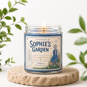 Sophie’s Garden soy candle with floral anime inspired label and blue wax