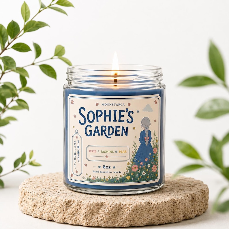 Sophie’s Garden soy candle with floral anime inspired label and blue wax