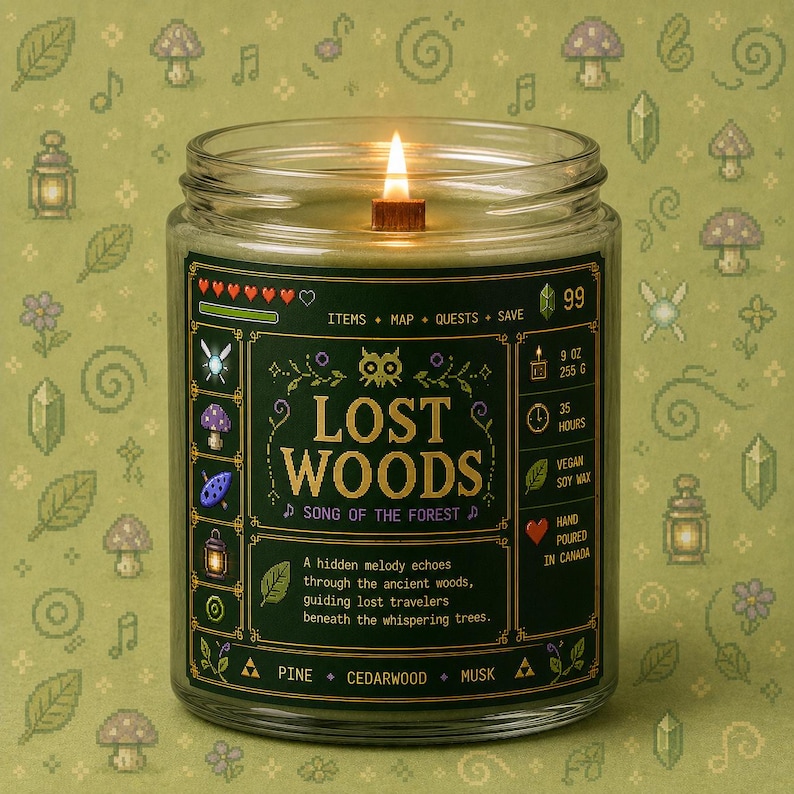Forest green fantasy-inspired candle in a clear glass jar with a retro pixel adventure game style label reading Lost Woods. Features glowing wood wick flame, woodland icons, and cozy forest aesthetic background.
