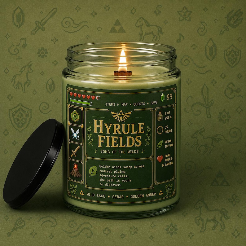 Green fantasy-inspired candle in a clear glass jar with a retro pixel adventure game style label reading Hyrule Fields. Features sage green wax, glowing wood wick flame, black lid beside the candle, and cozy green pixel background.