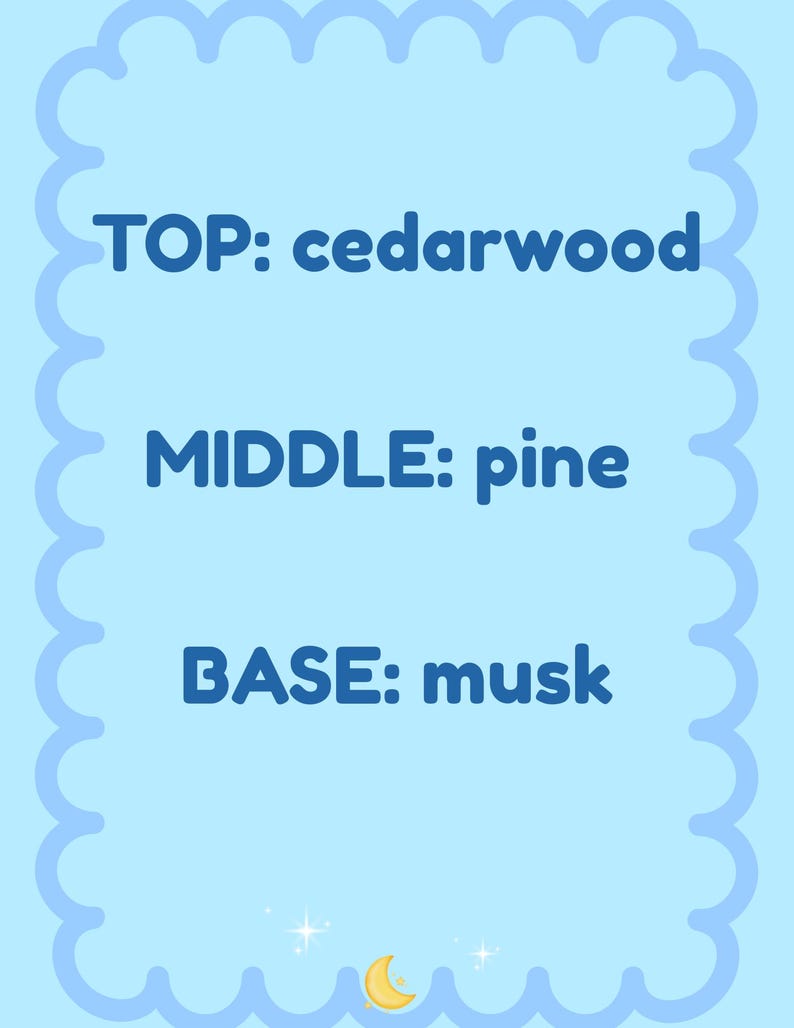 K&ouml;nnte beinhalten: Hellblauer Hintergrund mit gewelltem Rand. Der Text lautet "TOP: cedarwood", "MIDDLE: pine" und "BASE: musk" in Dunkelblau. Ein Halbmond und Sterne befinden sich unten.