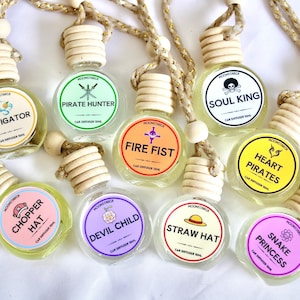 May include: A selection of car air fresheners with labels such as "Navigator," "Pirate Hunter," and "Soul King." Each clear glass bottle has a wooden cap and a braided cord for hanging. The labels feature colourful designs and text.