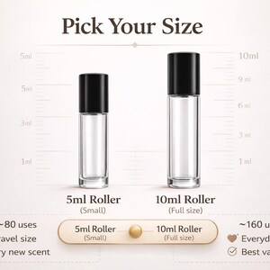 Puede incluir: Imagen de dos frascos roll-on de vidrio transparente con tapas negras, etiquetados como 5 ml y 10 ml. El frasco de 5 ml se describe como peque&ntilde;o, y el de 10 ml como tama&ntilde;o completo. El texto "Pick Your Size" tambi&eacute;n est&aacute; presente.