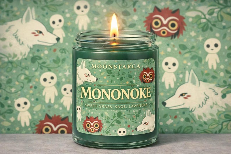 May include: A burning green glass candle jar with the word "MONONOKE" and the scent description on the label. The background features a pattern of white wolves, forest spirits, and red-masked creatures on a green background.