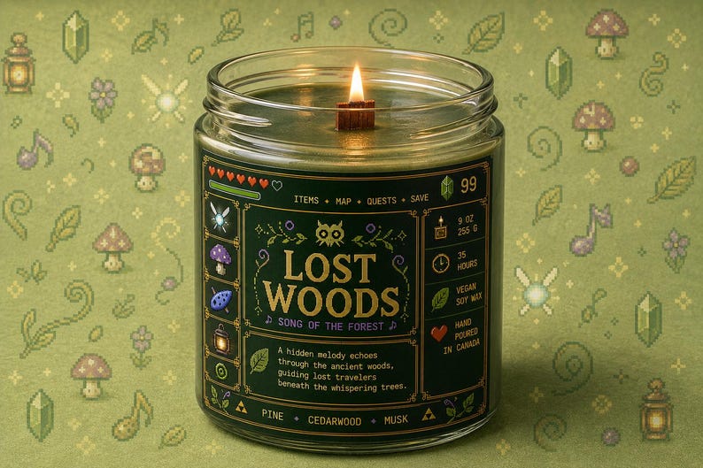 Forest green fantasy-inspired candle in a clear glass jar with a retro pixel adventure game style label reading Lost Woods. Features glowing wood wick flame, woodland icons, and cozy forest aesthetic background.