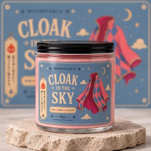 Fantasy inspired soy candle with floating cloak illustration and pink wax