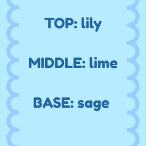 Puede incluir: Una tarjeta azul claro con un borde festoneado. El texto dice "TOP: lily", "MIDDLE: lime" y "BASE: sage" en azul oscuro. Una luna creciente y estrellas en la parte inferior.