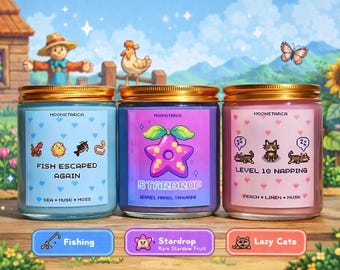 Stardew Valley Inspired Candle | Stardrop Candle |Fishing Candle |Level 10 Napping Cat Candle | Gamer Gift |Cozy Gaming Decor|Soy Wax Candle