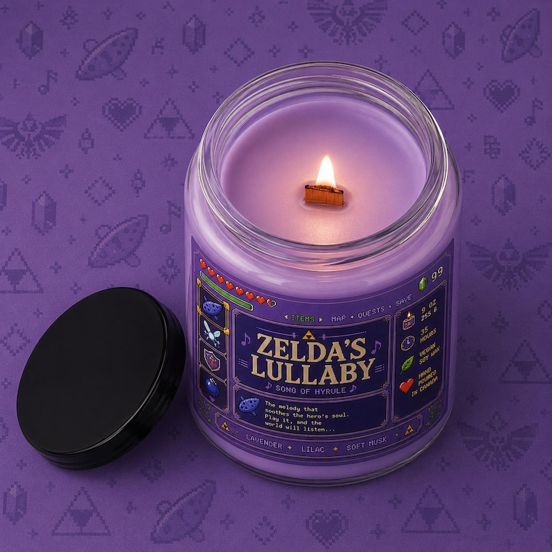 Purple fantasy-inspired candle in a clear glass jar with a retro pixel game style label reading Zelda’s Lullaby. Features glowing wood wick flame, lavender wax, black lid beside the candle, and cozy purple pixel background.
